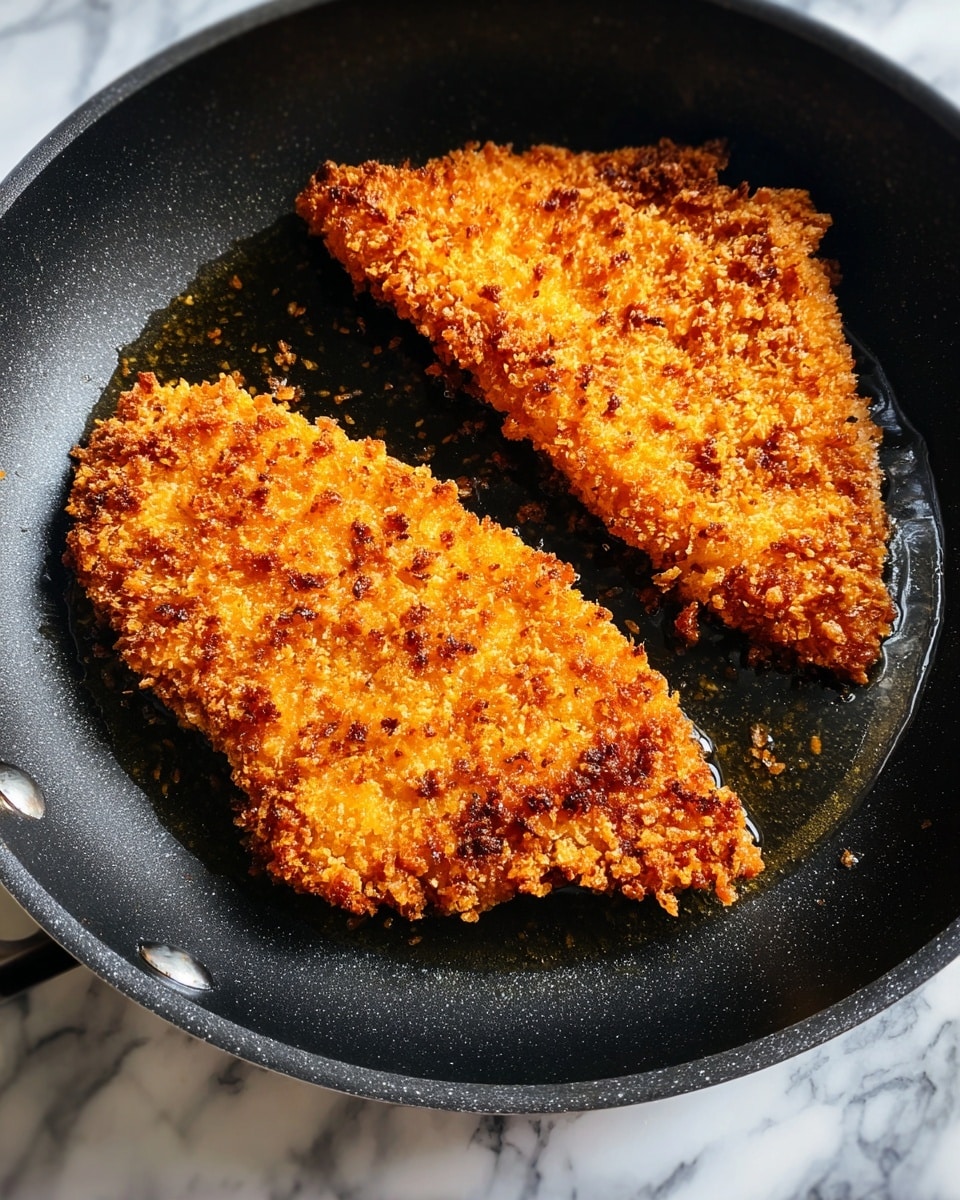 Two breaded chicken pieces with a golden brown crispy crust sit in a black pan with a small amount of oil. The chicken pieces have a rough, crunchy texture from the breadcrumbs, showing some darker brown spots where they are more cooked. The background beneath the pan is a white marbled texture. photo taken with an iphone --ar 4:5 --v 7