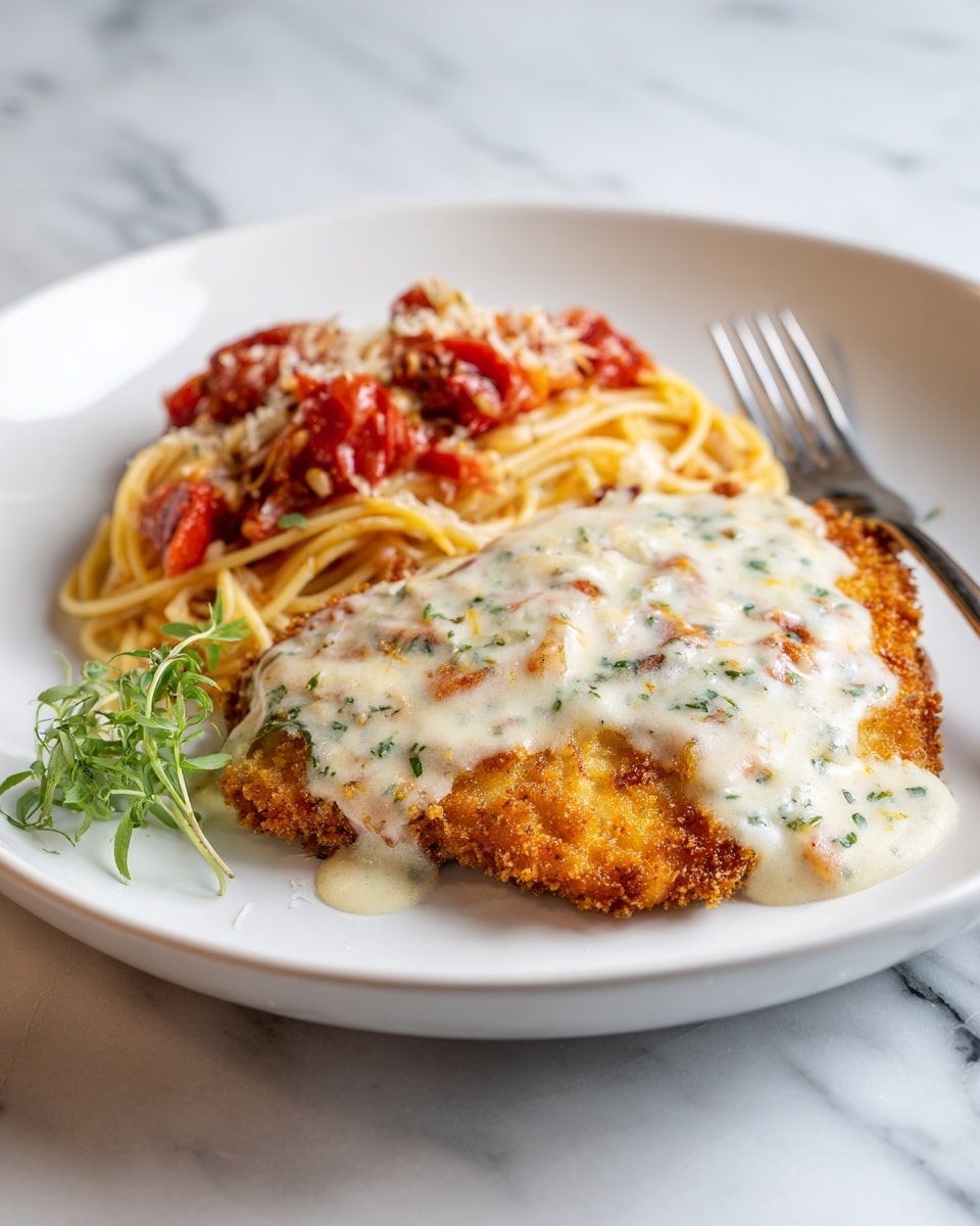 The dish shows one main layer of golden-brown crispy fried food topped with a creamy white sauce speckled with green herbs, taking up the front half of a white plate. Behind it, there is a smaller layer of cooked spaghetti noodles covered in bright red tomato chunks and some grated cheese, creating a mix of red and light orange colors. A small fresh green sprig sits at the front left side of the plate. The plate rests on a white marbled surface, and there is a silver fork placed near the top right of the plate. Photo taken with an iphone --ar 4:5 --v 7