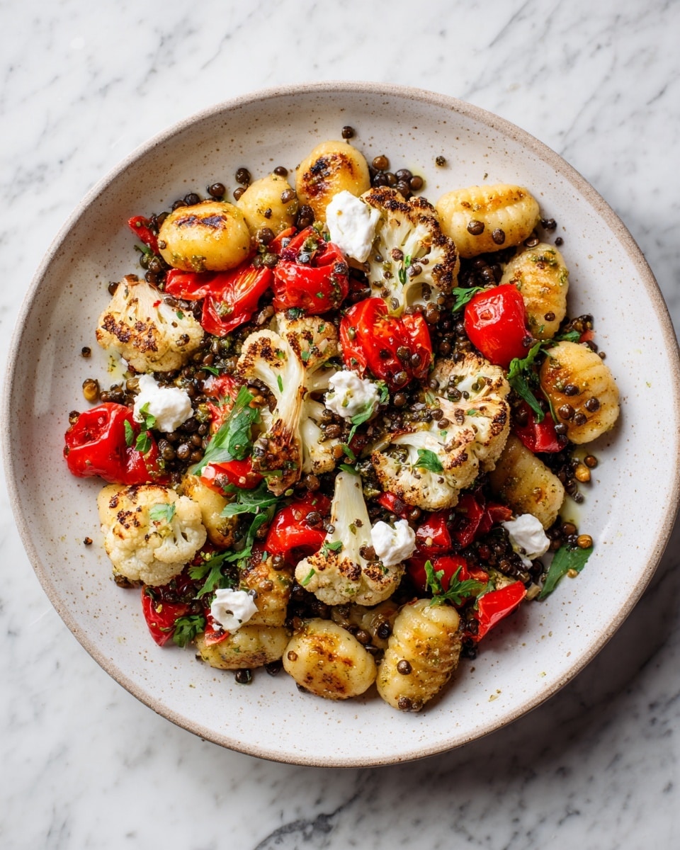 The dish shows a mix of golden-brown gnocchi scattered across a white plate on a white marbled surface. Roasted cauliflower florets with light brown charred edges sit among the gnocchi, accompanied by bright red roasted cherry tomatoes and chunks of red and green bell peppers. Small dark brown lentils are sprinkled throughout, with dots of bright green pesto sauce spread evenly over the top. Small white dollops of cheese and some chopped fresh green herbs are scattered across the dish, adding color contrast and texture. photo taken with an iphone --ar 4:5 --v 7