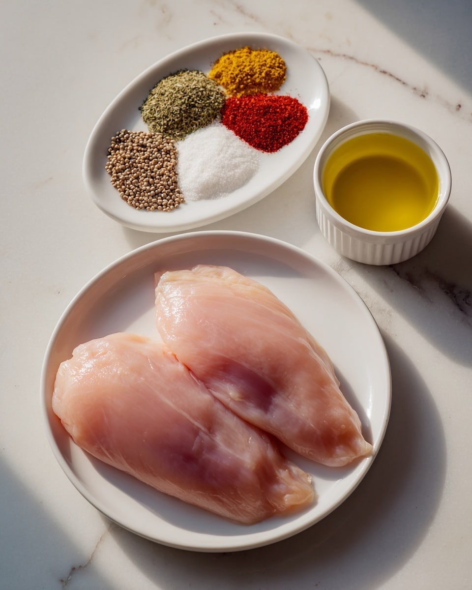 A white plate holds two raw pale pink chicken fillets side by side, showing smooth and moist textures. Above the plate, a small white bowl contains six piles of different spices: green dried herbs, light yellow powder, red powder, white salt, black pepper, and off-white powder, each with distinct textures from coarse to fine. Next to the bowl, a white ramekin filled with yellow olive oil sits on a white marbled surface. The lighting is soft and natural, highlighting the colors and textures clearly. photo taken with an iphone --ar 4:5 --v 7