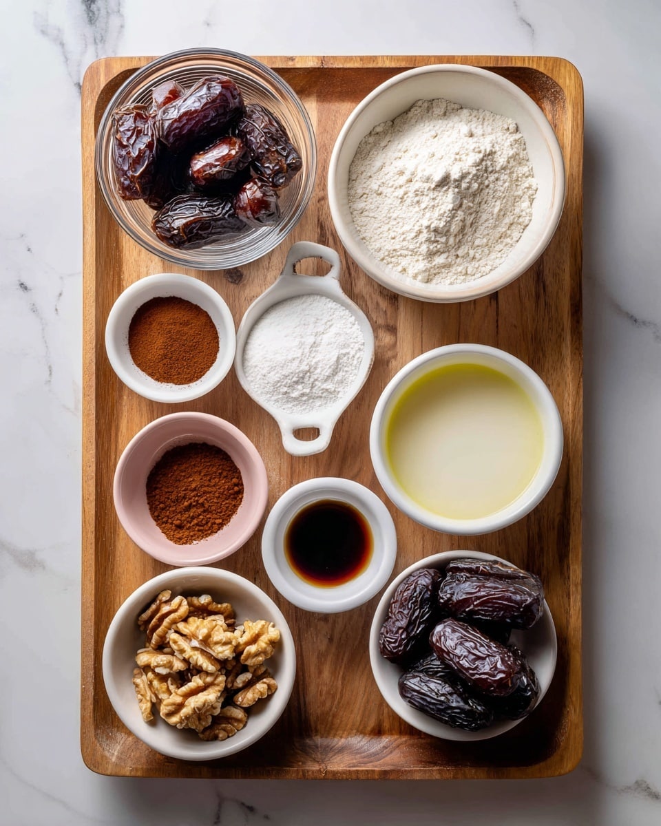 A wooden tray holds nine small bowls and dishes, each with a different ingredient. In the top left, a clear glass bowl is filled with dark brown dates, while to its right, a small white dish contains cinnamon powder. Next to it is a white bowl filled with white all-purpose flour. To the far right, another white bowl has pale yellow olive oil. Below, a pink bowl contains light beige almond milk. To its left is a small white dish with a dark brown vanilla extract. In the center left, a light pink bowl holds medium brown walnut halves. A small white bowl with white baking powder and soda powder is right beside it. At the bottom right, a white bowl contains more dark brown dates. All are arranged neatly on the wooden tray set on a white marbled surface. Photo taken with an iphone --ar 4:5 --v 7