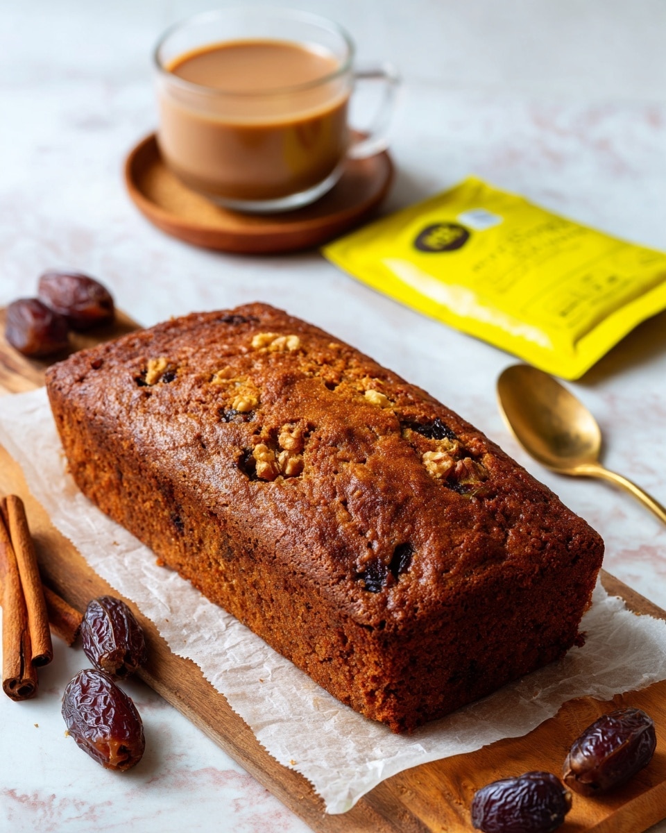 A rectangular brown loaf cake with a rough and cracked top sits on a piece of parchment paper on a wooden board, showing bits of nuts and dark fruit inside the dense texture. Around the cake, there are two cinnamon sticks, two walnut halves, and some dark brown dates scattered on the left and bottom sides. In the background, a light brown drink is placed on a coaster, with a bright yellow packet and a gold spoon beside it, all laid on a white marbled surface. photo taken with an iphone --ar 4:5 --v 7