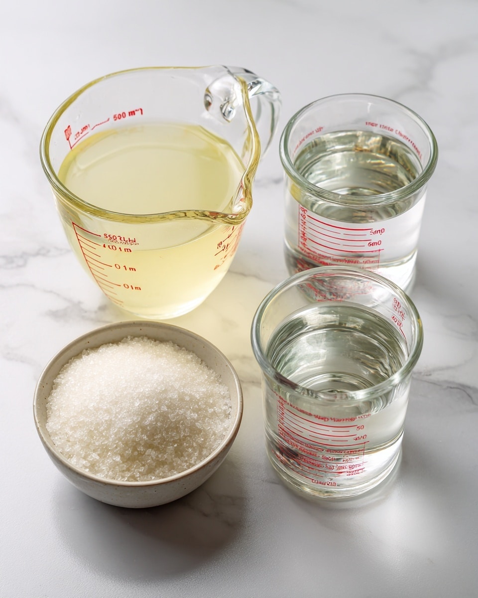 The image shows four clear glass containers on a white marbled surface. In the front left, a small round bowl is filled with a white granular substance labeled sugar. To the back left, a large measuring cup contains a pale yellow liquid labeled fresh lemon juice. On the right, two clear glass measuring cups hold clear liquid labeled cold water in the back and water for simple syrup in the front. All containers have red measurement markings, and the scene is brightly lit. Photo taken with an iphone --ar 4:5 --v 7