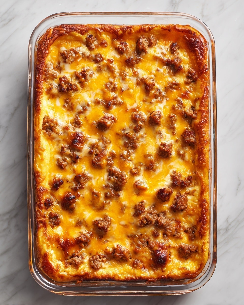 A rectangular baked dish in a clear glass pan sits on a white marbled surface. The dish has a golden-brown crust layer on the bottom and around the edges, topped with a thick even layer of melted yellow-orange cheese covering chunks of browned meat scattered throughout. The surface of the cheese has slightly darker browned spots, giving it a textured look. The edges of the cheese are slightly crispy and raise a bit above the glass pan rim. Photo taken with an iphone --ar 4:5 --v 7