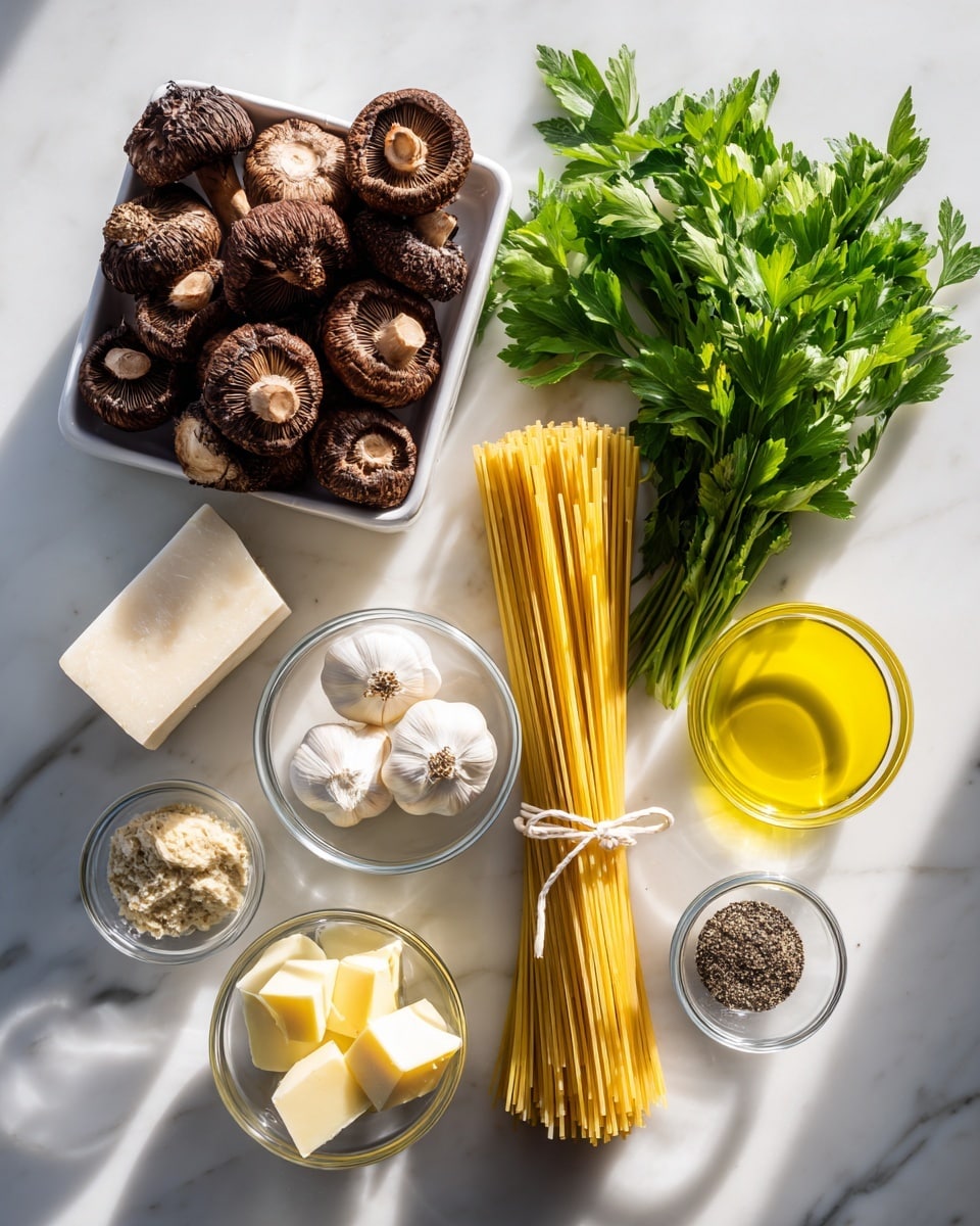 The image shows several ingredients arranged on a white marbled surface. On the upper left is a white container filled with dark brown shiitake mushrooms with lighter undersides. To its right, there is a bunch of fresh green parsley with pointed leaves. Near the center anchored vertically is a bundle of uncooked yellow spaghetti tied with white string. Below the mushrooms, there is a small clear glass bowl with white garlic cloves. Next to the garlic is a larger clear glass bowl containing bright yellow avocado oil. Near the parsley is a clear glass bowl filled with chunky beige white miso paste. Below the spaghetti, small clear bowls hold black and white salt and pepper and yellow vegan butter cut into cubes. At the bottom left corner, there is a white block of vegan parmesan cheese. All elements cast soft shadows, and the lighting is bright and natural. The layout is neat with ingredient names labeled near each item. photo taken with an iphone --ar 4:5 --v 7