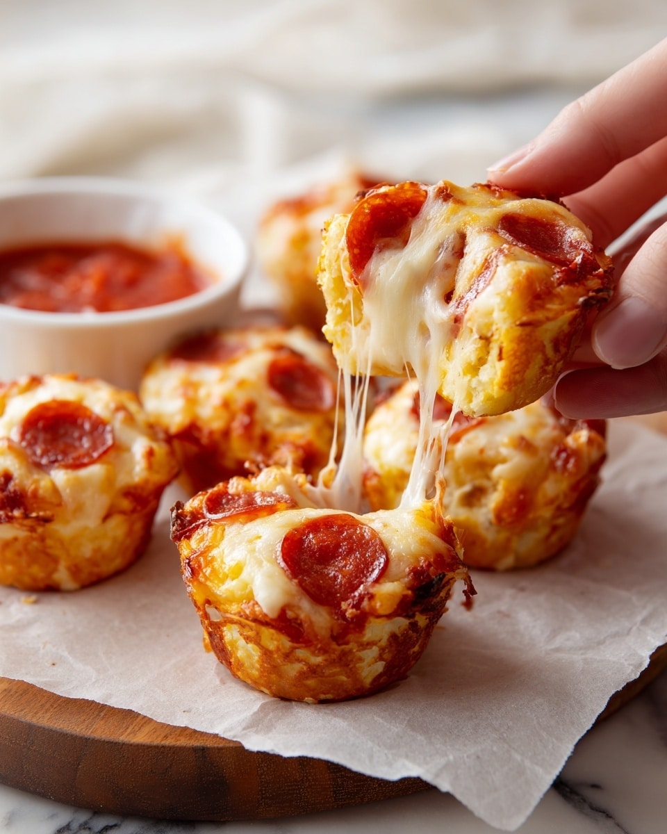 The image shows three small muffin-shaped pizzas with three layers each, placed on white paper on a wooden board over a white marbled surface. The bottom layer is a thick, orange textured base. The middle layer is melted white cheese blending with the orange sauce that coats the base. The top layer is decorated with small round, dark red pepperoni slices evenly spread and sprinkled with finely chopped green herbs. In the background, part of a muffin tin with more mini pizzas and a white bowl filled with red sauce are visible. A soft gray and white striped cloth is on the left side. Photo taken with an iphone --ar 4:5 --v 7