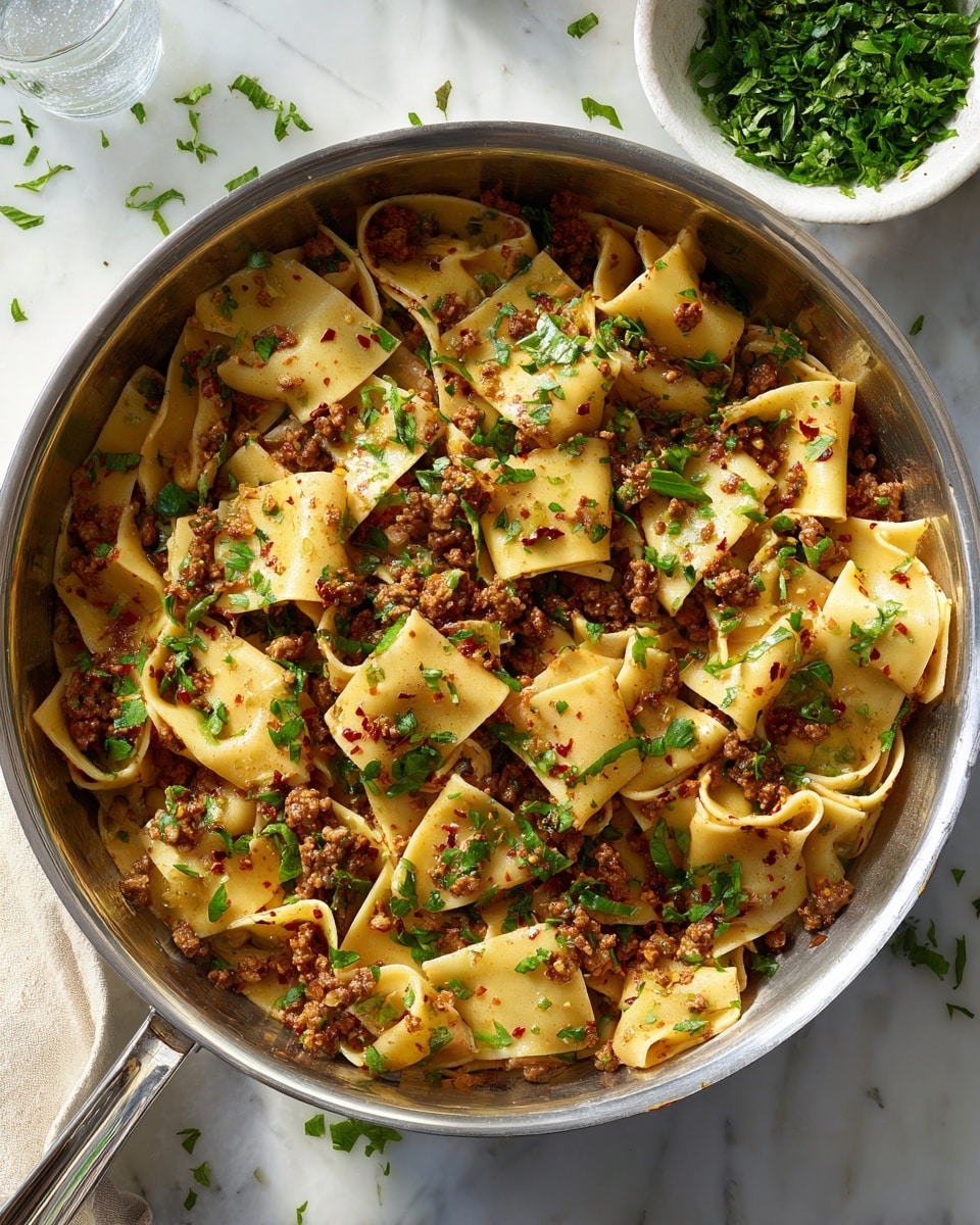 The image shows a stainless steel pan filled with short, wide square pasta pieces mixed with a light brown sauce containing small bits of ground meat and red seasoning flakes. The pasta shapes are unevenly layered, some folded, and are covered with chopped green herbs sprinkled on top. To the side, there is a white bowl with more green herbs. The pan sits on a white marbled surface with scattered bits of herbs around. The scene is brightly lit, giving a fresh and inviting look to the food. photo taken with an iphone --ar 4:5 --v 7