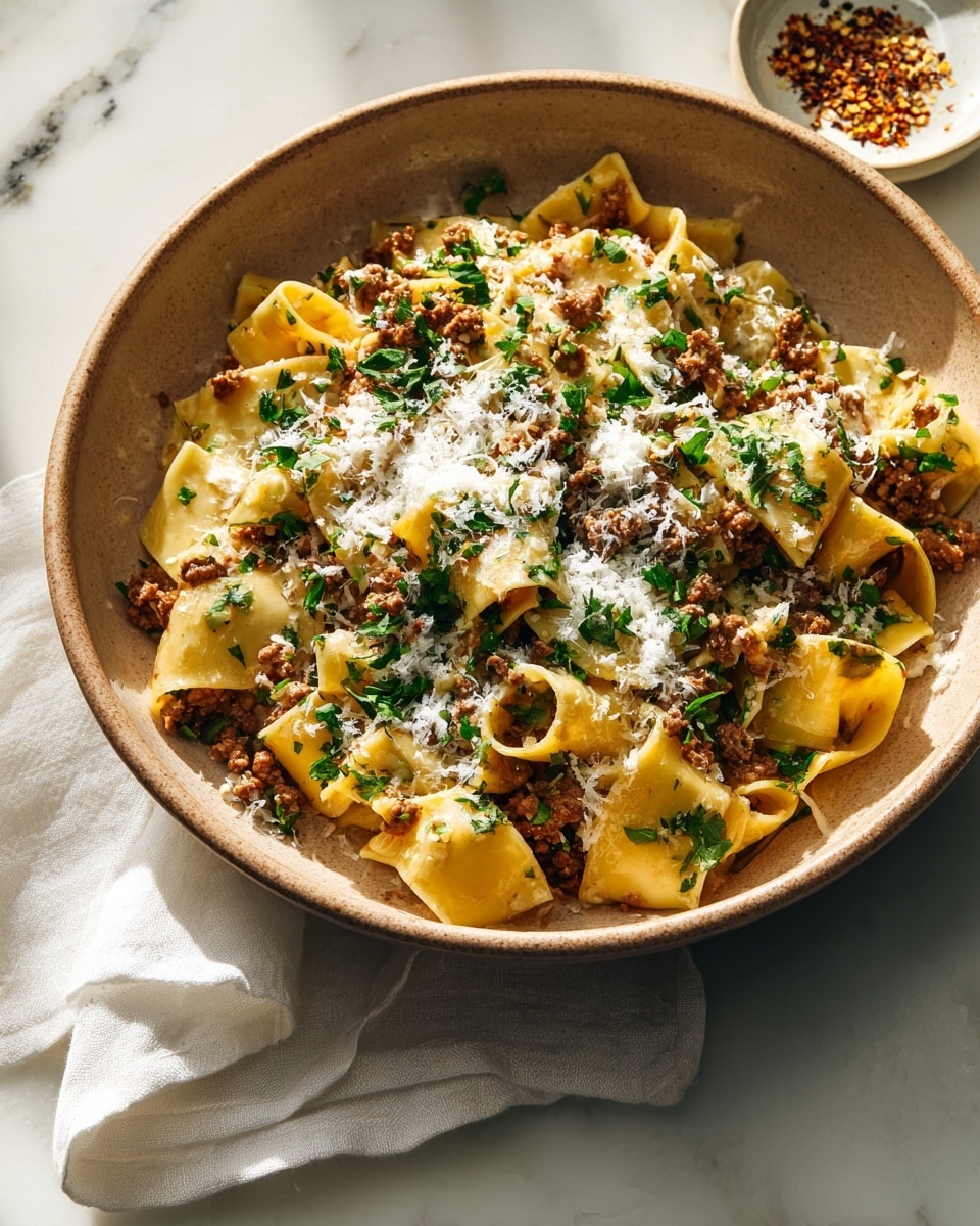 A rustic beige bowl holds a layered dish with large flat yellow pasta pieces mixed evenly with crumbled browned meat. On top, finely grated white cheese and chopped green herbs are sprinkled, giving a fresh touch over the creamy sauce that coats the pasta and meat. The bowl sits on a white marbled surface with a soft shadow falling on one side, and small bits of spices and herbs scattered around. A white cloth is casually placed underneath the bowl. photo taken with an iphone --ar 4:5 --v 7