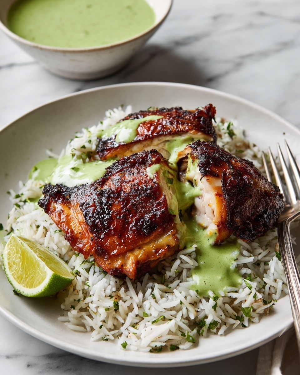 Two pieces of dark, grilled chicken with a crispy, slightly charred outer layer sit on a bed of white rice with green herbs mixed in. The rice covers the bottom of a white plate. A smooth, light green sauce is drizzled over the chicken and rice. There are two lime wedges, one standing upright near the back, the other lying on its side near the front right edge of the plate. The plate is set on a white marbled surface. photo taken with an iphone --ar 4:5 --v 7