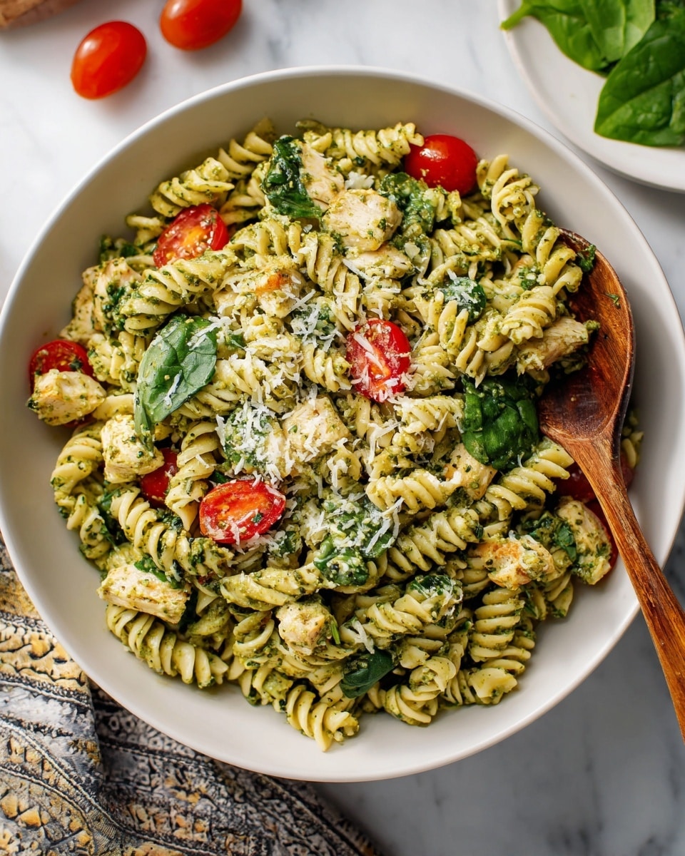 A close-up view of a large white bowl filled with rotini pasta coated in green pesto sauce, mixed with bright red grape tomato halves, fresh green spinach leaves, and small chunks of light beige tofu, all topped with a light sprinkle of grated cheese. A wooden spoon rests inside the bowl on the right side. The bowl sits on a white marbled surface, with some whole grape tomatoes blurred in the background. A white plate with a few spinach leaves is slightly out of focus in the top right area, and part of a patterned cloth is visible below the bowl photo taken with an iphone --ar 4:5 --v 7