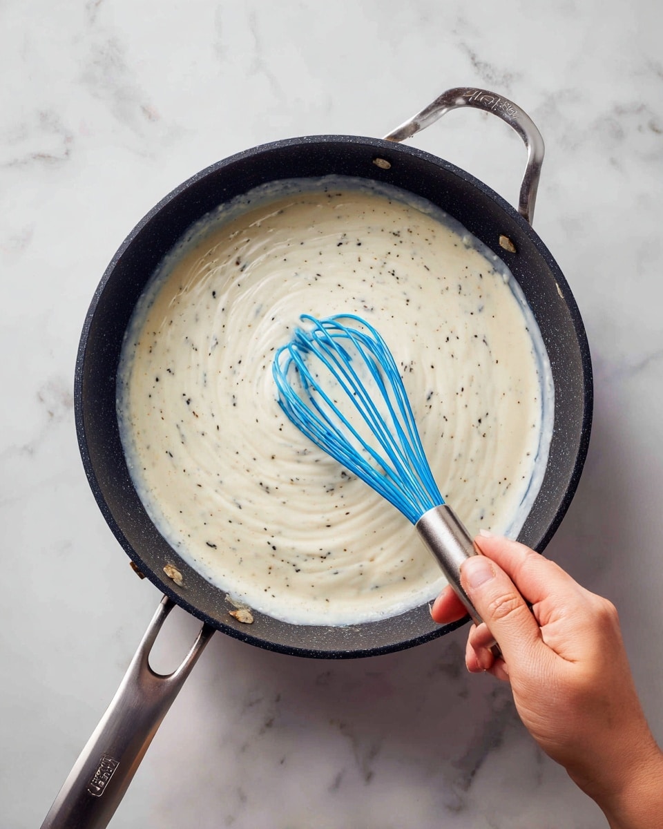 A black pan filled with thick, creamy white sauce with small specks, being stirred by a woman's hand holding a blue whisk, placed on a white marbled surface. photo taken with an iphone --ar 4:5 --v 7