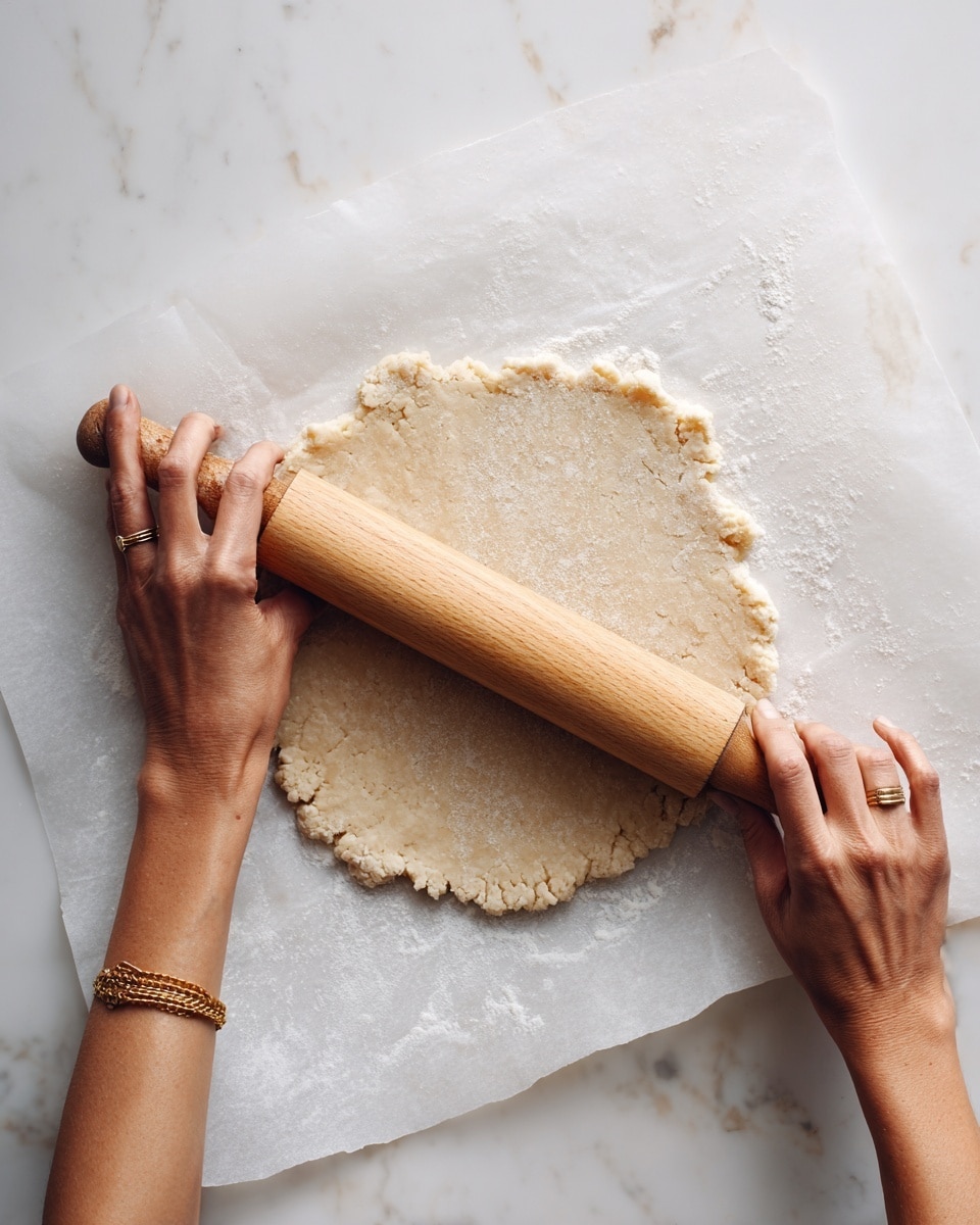 A pair of woman's hands are rolling out a light beige dough on top of white parchment paper placed on a white marbled surface. The dough is roughly circular with uneven edges, and the wooden rolling pin is smooth and light brown, held horizontally across the dough. The woman's left hand wears a gold ring and presses down firmly on the rolling pin while the right hand holds it at the other side, guiding the flattening process. The overall scene is bright with soft natural light and a focus on the texture of the dough and the rolling pin. photo taken with an iphone --ar 4:5 --v 7