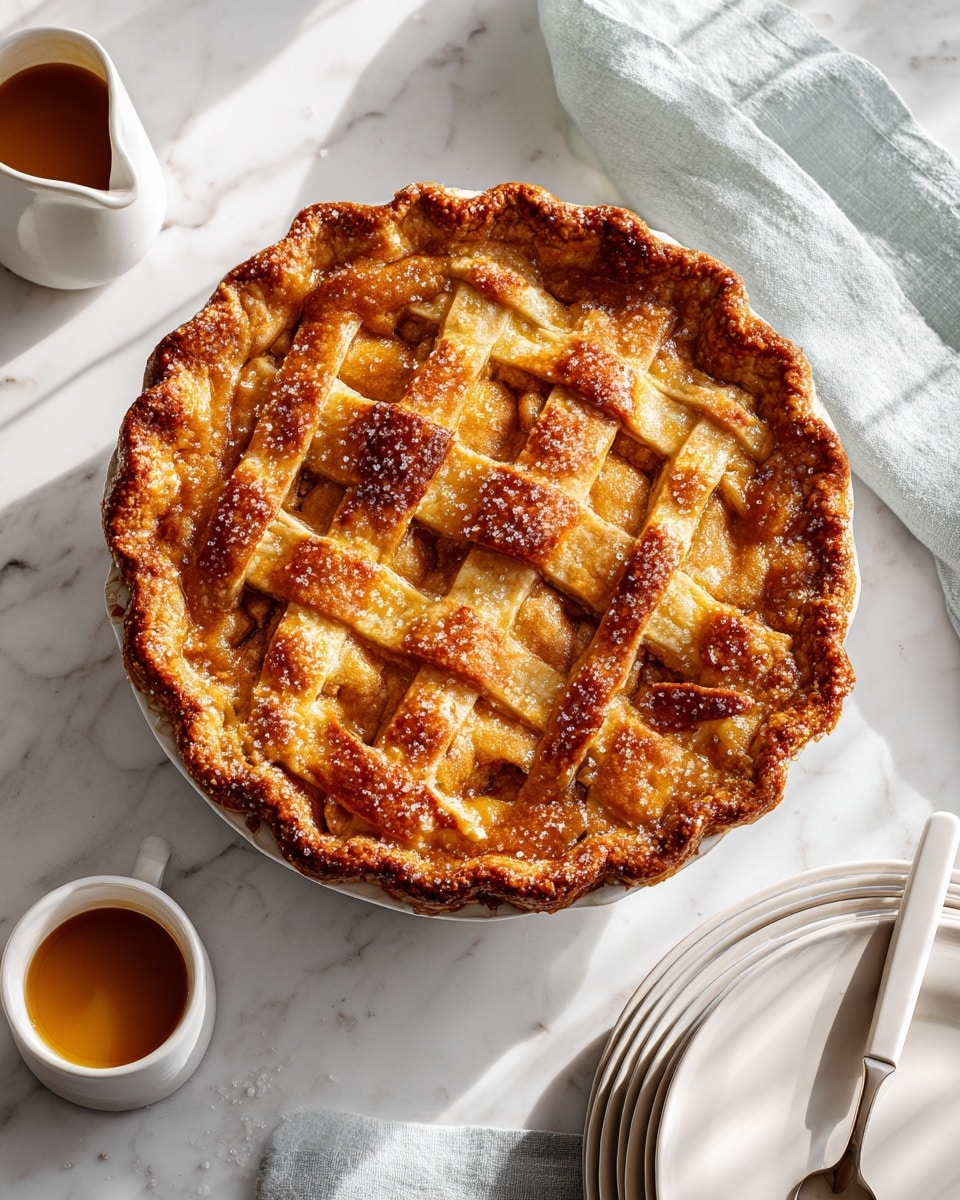 A clear glass pie dish holds a lattice apple pie with two visible layers. The bottom layer is filled with warm, golden apple slices coated in a shiny, amber syrup. The top layer is a crisscross lattice of golden brown, flaky crust sprinkled with coarse sugar crystals that add a sparkling effect. The crust edges are thick and slightly darker, showing a baked texture. The background is a white marbled surface. photo taken with an iphone --ar 4:5 --v 7