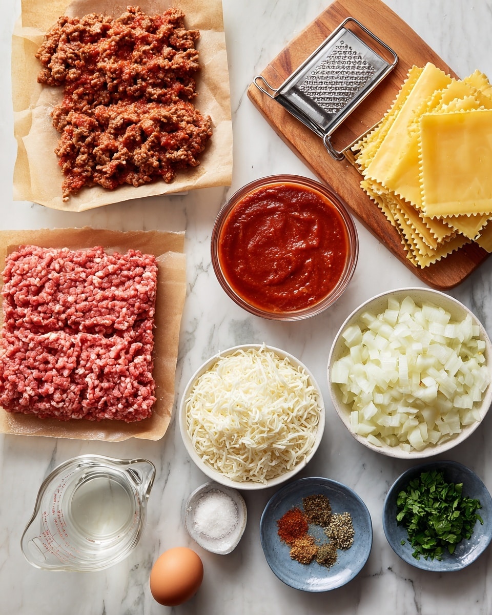 The image shows ingredients for a lasagna arranged on a white marbled surface. There are two layers of ground meat, one red and one lighter pink, each placed on brown parchment paper top left. Two glass bowls with thick red sauces sit in the middle, one larger and one smaller. Next to them is a small bowl of white grated cheese and another with smooth white ricotta cheese. A wooden board holds shredded mozzarella cheese with a metal grater and a block of hard cheese beside it. To the right, there is a white bowl filled with chopped onions and three sheets of uncooked lasagna pasta stacked behind it. A small blue plate holds various spices and fresh chopped green herbs, while a measuring cup with water and a single brown egg sit at the bottom left. photo taken with an iphone --ar 4:5 --v 7