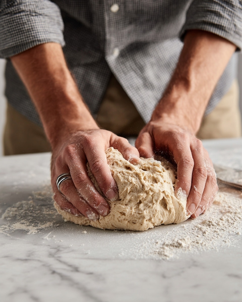 A close-up image shows a person kneading dough on a white marbled surface. The dough is light beige and slightly sticky with some flour dusted on top. The person’s forearms and hands press into the dough firmly, with some flour visible on the knuckles. The dough is thick and round, with a smooth, elastic texture. The person wears a grey checkered shirt and beige pants, with a silver ring on the ring finger of the right hand. photo taken with an iphone --ar 4:5 --v 7