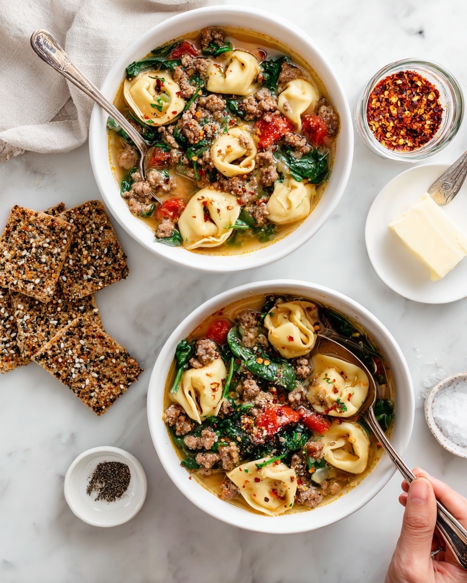 Two white bowls filled with tortellini soup are shown from above on a white marbled surface. Each bowl contains layers of pale yellow tortellini pasta, brown ground meat, bright green spinach leaves, and chunks of red tomato in a clear broth with specks of red chili flakes on top. Next to one bowl is a woman's hand holding a spoon. On the edges of the bowls, there are large rectangular pieces of multigrain crackers with visible seeds. Nearby, there is a small glass jar with crushed red pepper flakes, a small white dish with black pepper and white salt side by side, and a white plate with a piece of butter on a fork. All items rest on a white marbled surface. Photo taken with an iphone --ar 4:5 --v 7