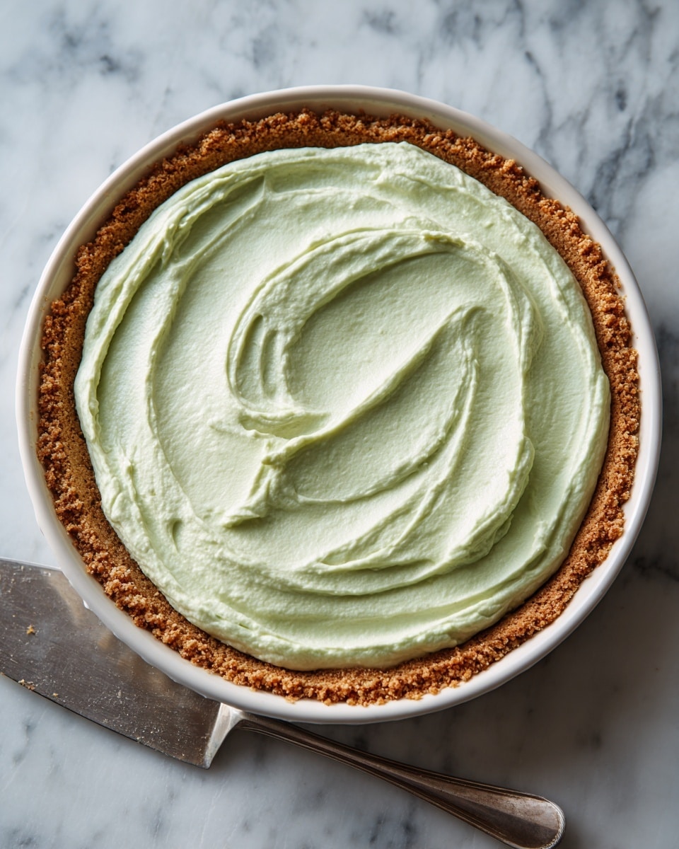 A white pie dish filled with a pie that has two layers: a thick crumbly golden-brown crust around the edges and a smooth, light green creamy filling with soft swirls on top; the pie is placed on a white marbled surface with a silver pie server beside it, photo taken with an iphone --ar 4:5 --v 7