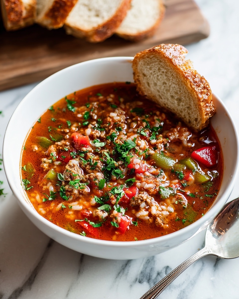 The image shows a white bowl filled with a thick tomato-based soup that has visible layers of cooked ground meat, small chunks of green bell peppers, diced red tomatoes, and grains of white rice scattered throughout. The soup is garnished with finely chopped green herbs sprinkled on top, adding a fresh touch. A single slice of brown bread is partially dipped on one side into the soup, resting on the edge of the bowl. The bowl sits on a white marbled surface with a silver spoon placed beside it and a wooden board holding more slices of brown bread in the top left corner. Photo taken with an iphone --ar 4:5 --v 7