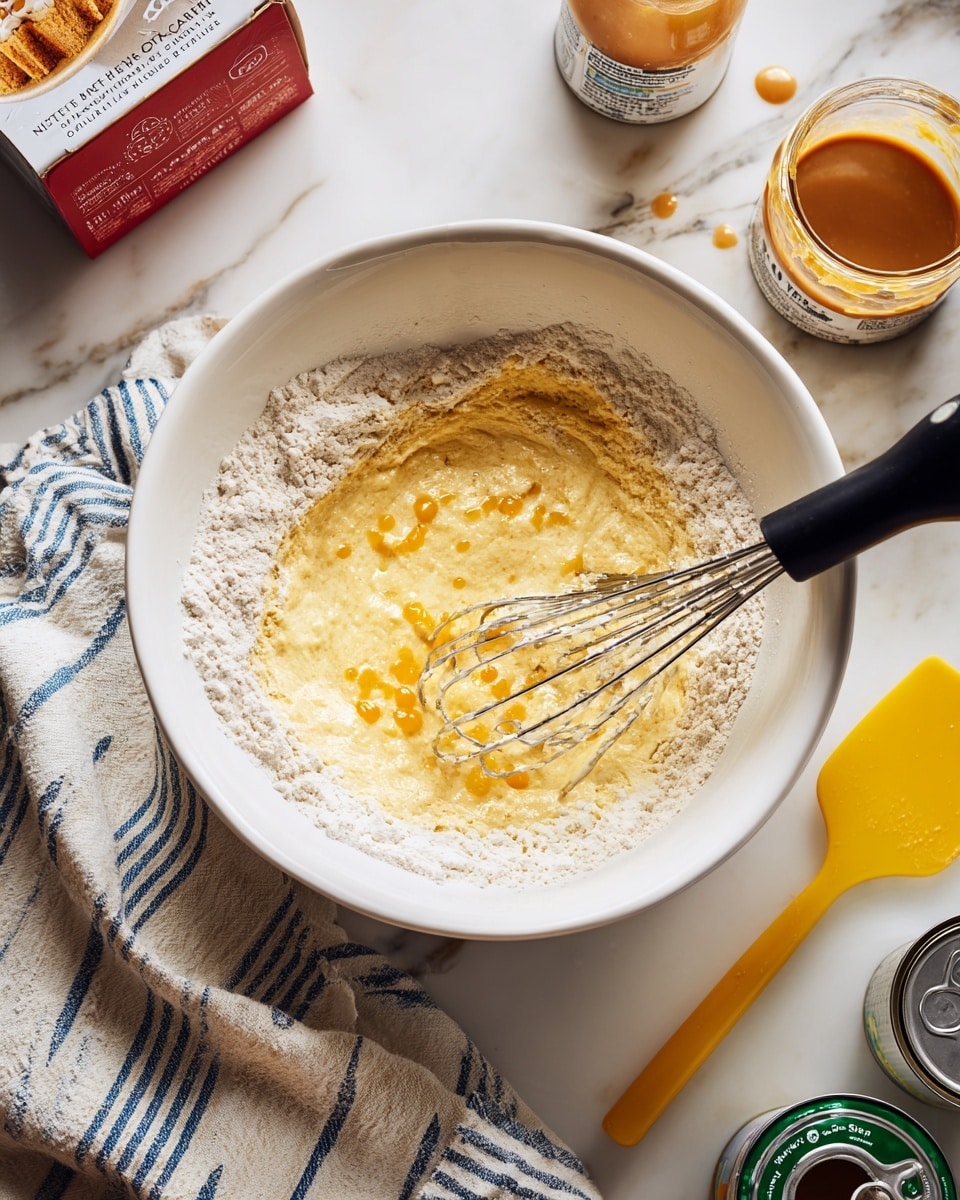 A white bowl on a white marbled surface holds a mixture of dry and wet ingredients being blended by a black electric mixer with two metal whisks. The mixture looks pale yellow with small orange bits and thick white flour around the edges. Nearby, a yellow spatula rests on a striped white and blue cloth beside the bowl. To the right, there is a jar of light brown sauce with its lid off, and an open can with a green pull tab. A red box with a cake image is on the left side of the frame. Photo taken with an iphone --ar 4:5 --v 7