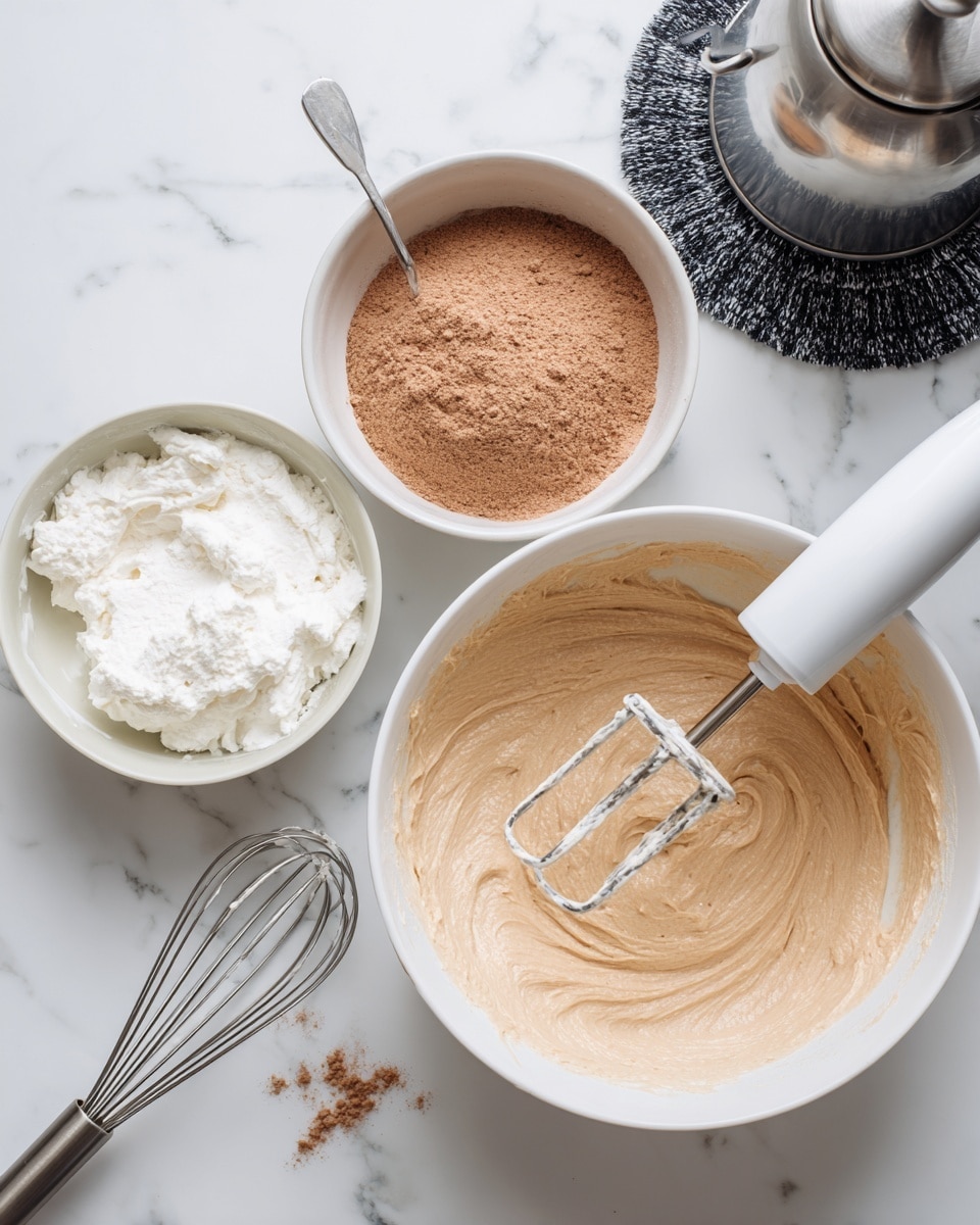 The image shows three white bowls on a white marbled surface. The largest bowl on the right contains creamy light brown batter with a white electric hand mixer inside it, its beaters covered in batter. To the left, a smaller bowl holds a white, fluffy substance that looks like whipped cream. Above it, a medium bowl contains light brown powder, possibly cocoa or flour mix, with a metal whisk resting inside. In the upper right corner, there is a silver kettle on a black knitted coaster. Photo taken with an iphone --ar 4:5 --v 7