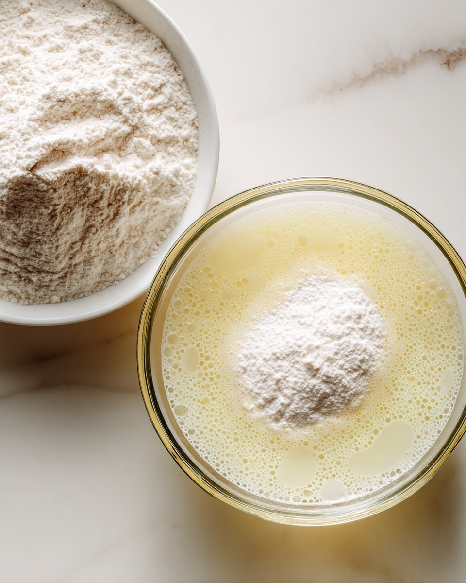 A clear glass bowl sits on a white marbled surface, containing a pale yellow liquid mixture with bubbles throughout. On one side of the bowl, a heap of white flour rests on top of the liquid, creating a contrast between the smooth liquid and the powdery flour. Next to the bowl, there is a white bowl filled with more white flour. The lighting highlights the textures of the mixture and flour clearly. photo taken with an iphone --ar 4:5 --v 7