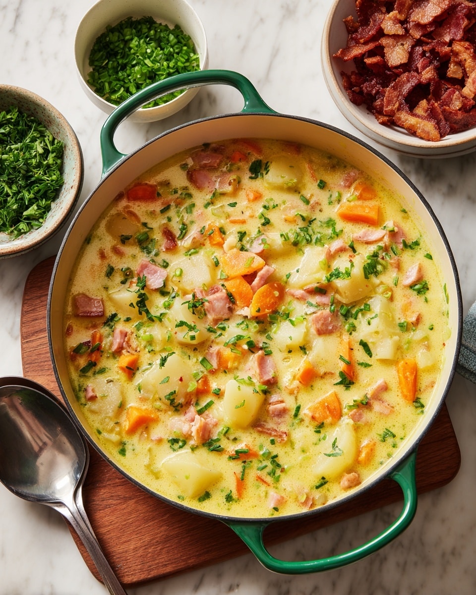 Two black bowls filled with creamy yellow soup that has chunks of potato and small pieces of vegetables, topped with crispy brown bacon bits and chopped green herbs. One bowl is placed on a white plate with a silver spoon next to it, and the other bowl sits directly on a white marbled surface. Nearby, a green pot containing more soup is partially visible on a wooden board, along with two small white bowls, one holding green chopped herbs and the other crispy bacon pieces. The scene is set on a white marbled background. photo taken with an iphone --ar 4:5 --v 7