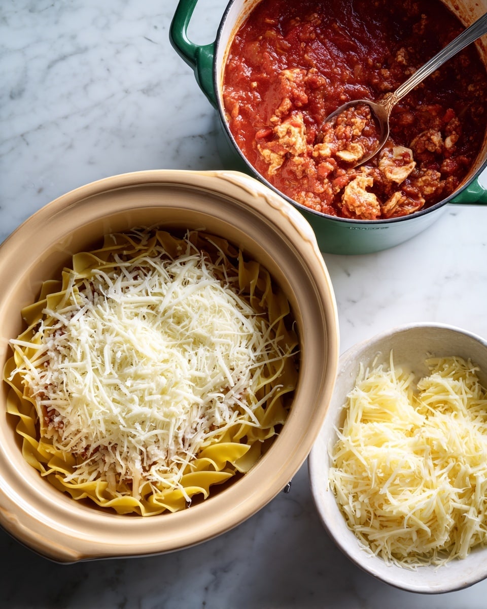 A beige slow cooker shows the start of a lasagna with one layer of yellow pasta sheets at the bottom, topped with a thick layer of white shredded cheese. To the right, there is a white bowl filled with shredded cheese and a spoon resting inside it. Above that, a green-handled pot contains bright red tomato sauce with visible meat chunks, and a silver spoon is placed inside it. The whole scene is set on a white marbled surface. photo taken with an iphone --ar 4:5 --v 7