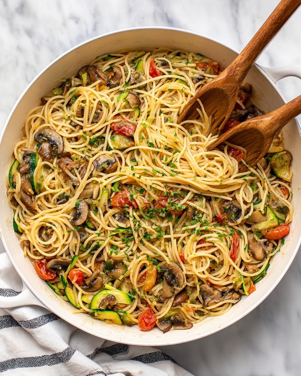 The image shows a white pan filled with spaghetti pasta mixed with sliced green zucchini, brown mushrooms, and small red tomato pieces spread evenly throughout. The pasta is lightly coated with a sauce and sprinkled with finely chopped green herbs. A pair of wooden tongs rests on top of the pasta, with some noodles wrapped around them. The pan sits on a white marbled surface with a white cloth featuring thin dark stripes partially visible underneath. photo taken with an iphone --ar 4:5 --v 7