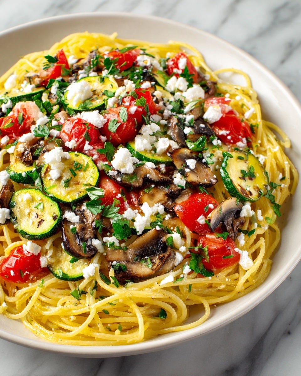 This image shows a close-up of a pasta dish with three main layers: long, thin yellow spaghetti noodles that fill the dish, soft green zucchini slices with light grill marks scattered throughout, and small pieces of dark brown mushrooms mixed in. Bright red diced tomatoes add a pop of color on top with a few small green parsley leaves sprinkled evenly across. Light white cheese crumbles sprinkled across the entire dish add texture. The pasta rests on a white plate with a white marbled surface in the background. photo taken with an iphone --ar 4:5 --v 7