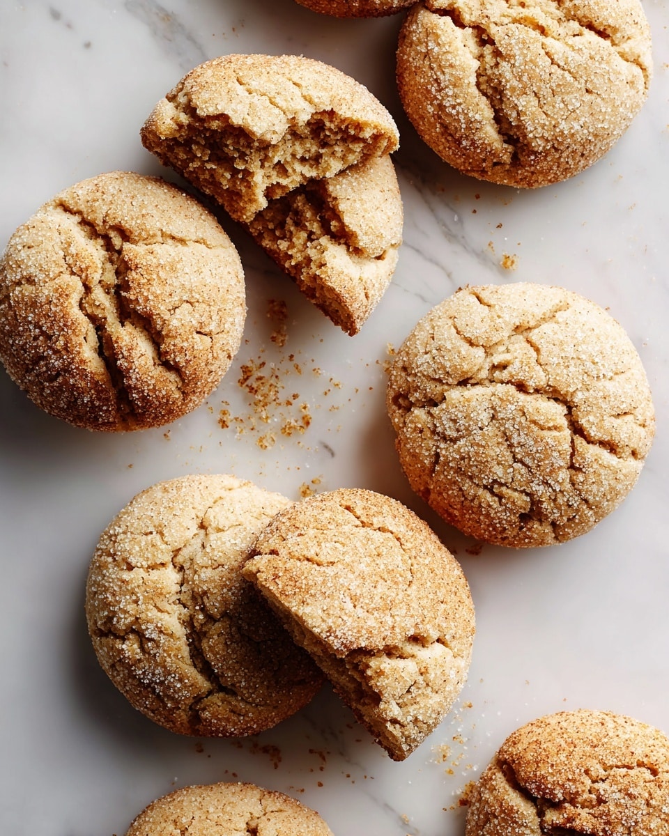 The image shows several round cookies with a golden-brown color and a slightly cracked surface, scattered on a white marbled texture. Most cookies are whole, while a few are broken to show a soft, rich brown inside. The cookies have a sugar-coated texture on the outside, adding a light shimmer to their surface. Photo taken with an iphone --ar 4:5 --v 7