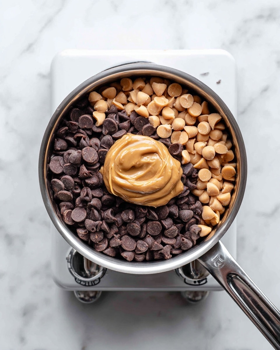 A silver saucepan is filled with two layers of different types of chocolate chips: a bottom layer of dark brown chocolate chips and a top layer of lighter brown peanut butter chips scattered over them. In the center, there is a dollop of smooth, light brown peanut butter sitting on top of the chips. The saucepan is placed on a white electric stove knob and the surface underneath has a white marbled texture. Photo taken with an iphone --ar 4:5 --v 7