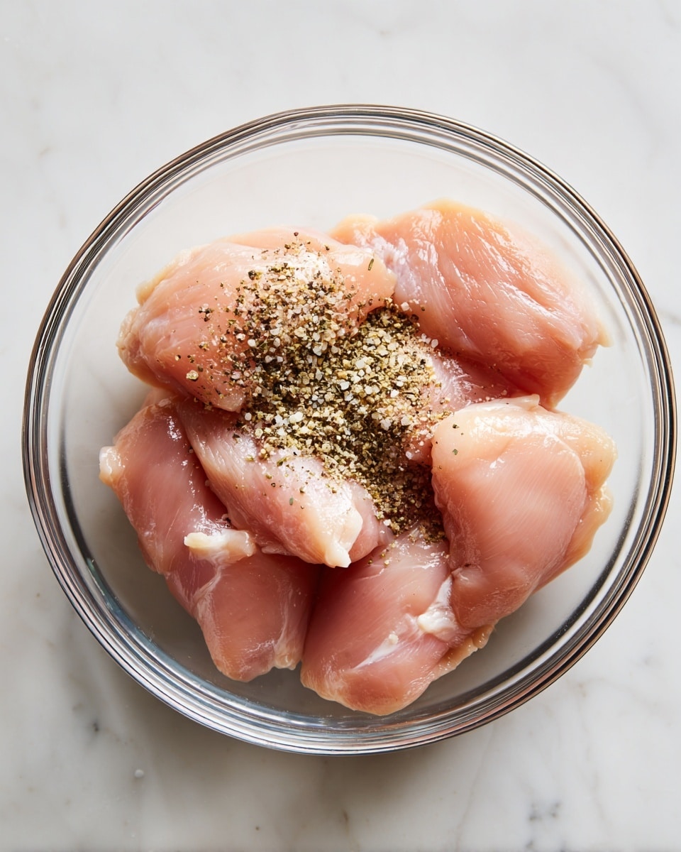 A clear round glass bowl sits on a white marbled surface, filled with several pieces of light pink raw chicken. The chicken pieces are smooth and moist, arranged loosely inside the bowl. On top of the chicken, there is a small pile of coarse black pepper and salt, adding texture and specks of dark color against the light pink meat. The bowl's transparency shows the chicken from various angles, with the seasonings concentrated in the center. photo taken with an iphone --ar 4:5 --v 7