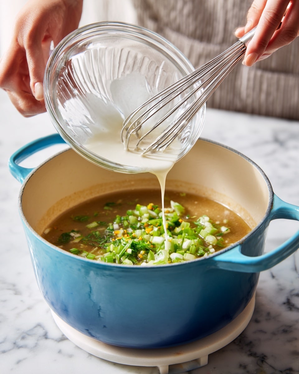 A close-up image shows two woman's hands holding a glass bowl with a metal whisk and pouring a white liquid into a blue pot filled with chopped green vegetables and broth. The pot sits on a white trivet over a white marbled surface. The broth inside the pot is light brown with floating green pieces of celery and onion, and some small yellow herbs. Photo taken with an iphone --ar 4:5 --v 7