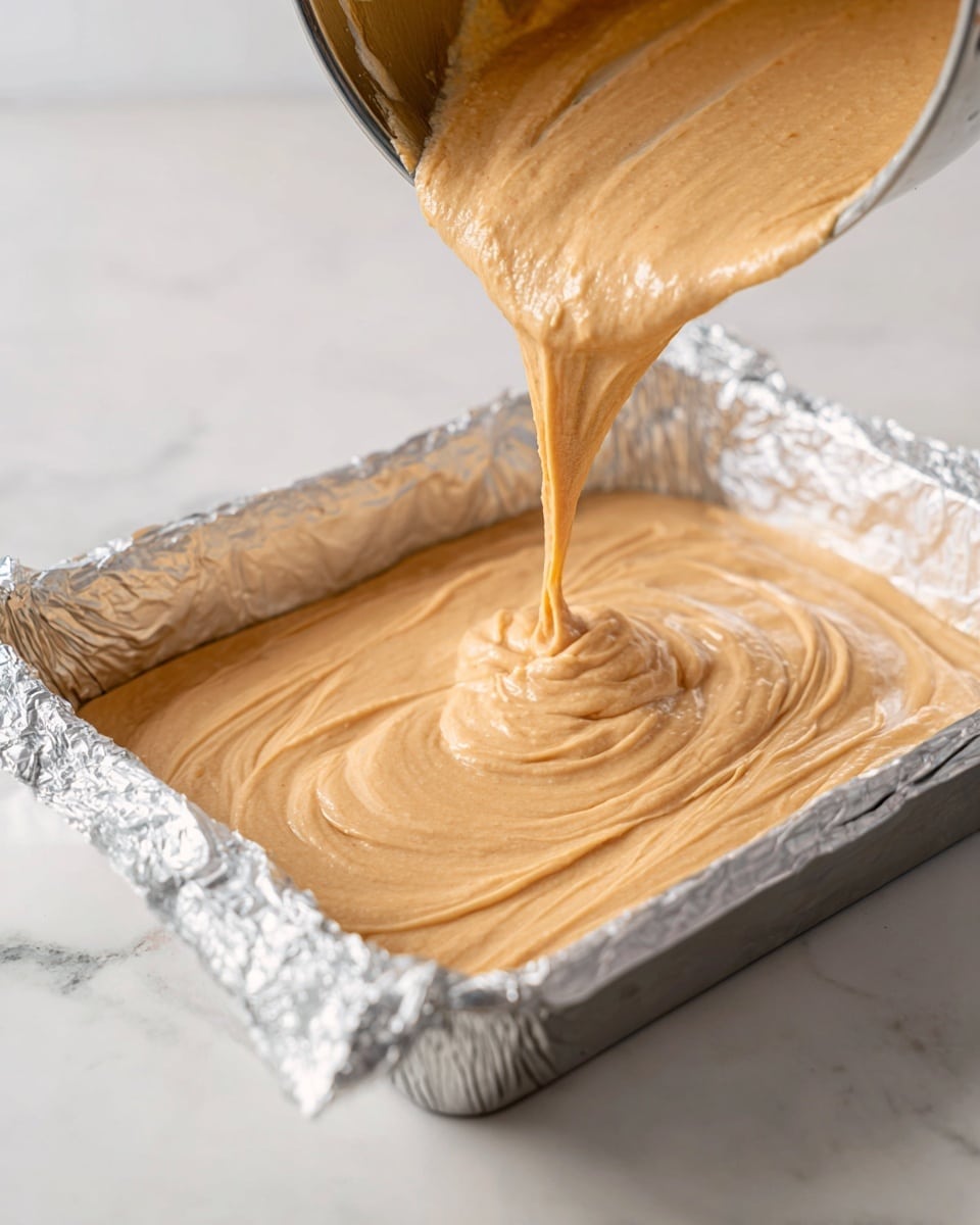 A shiny silver baking pan lined with crinkled aluminum foil sits on a white marbled surface. A thick beige batter with a smooth and slightly glossy texture is being poured from a metal bowl into the pan, forming a thick, even layer. The batter has soft waves and ridges as it lands and spreads in the middle of the pan. The image captures a moment of pouring with the bowl tilted, and no other objects or colors compete in the bright and clean scene. photo taken with an iphone --ar 4:5 --v 7