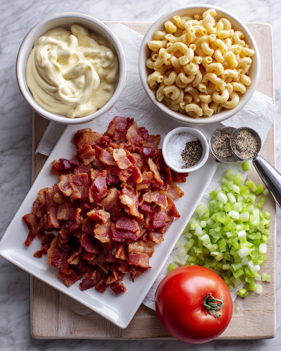 A white rectangular plate lined with a paper towel holds a large pile of chopped crispy bacon, showing rich red and golden browns with a crunchy texture. Next to it, a white bowl filled with dry elbow macaroni in a muted yellow color. Below is another white bowl filled with a smooth, thick layer of pale yellow mayonnaise. To the right, a white marbled surface holds a small white bowl with black pepper and salt, a small silver measuring spoon, a pile of finely chopped pale green celery mixed with bright green onion on a light wooden cutting board, and one whole bright red tomato with a green stem. photo taken with an iphone --ar 4:5 --v 7