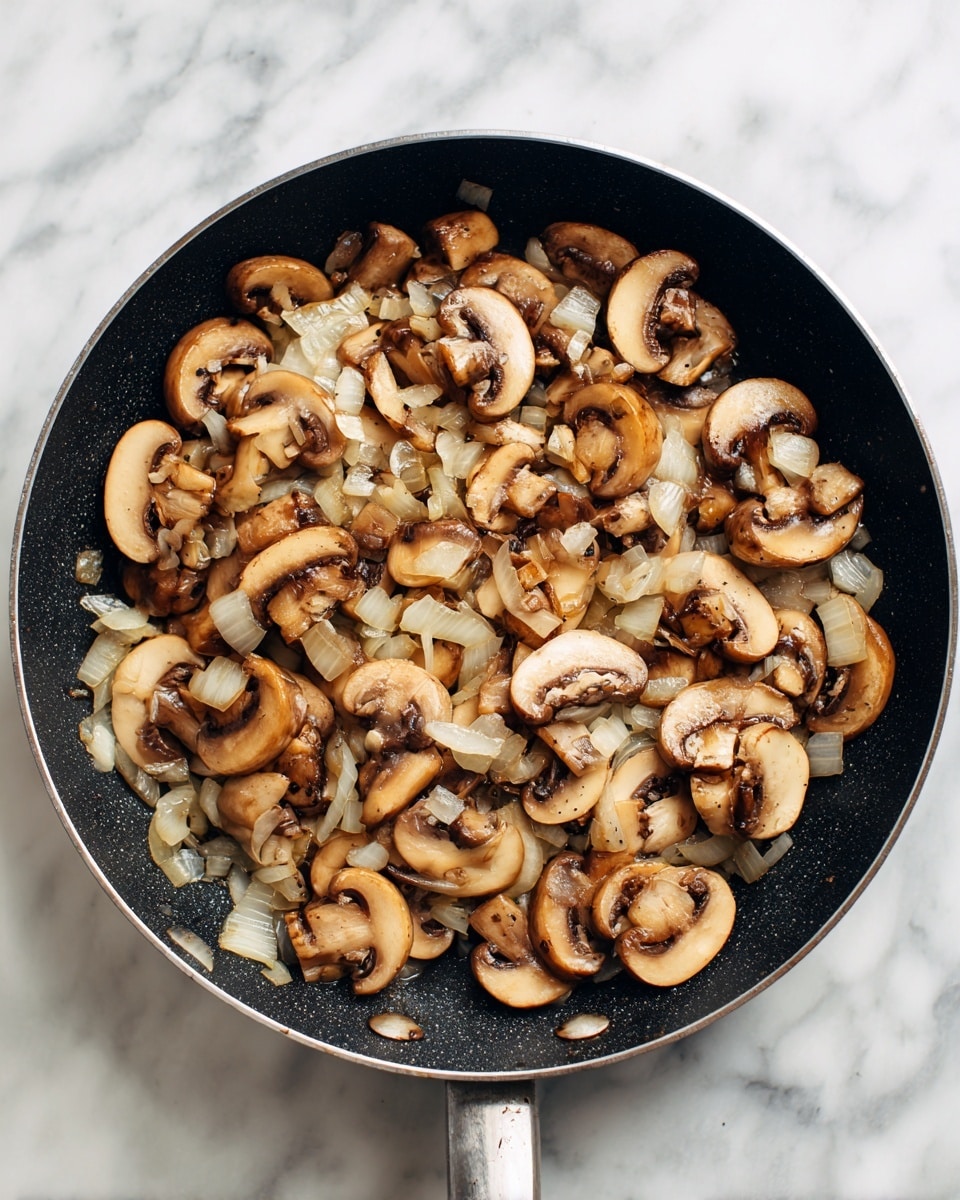 A close-up top view of a round black pan filled with a single layer of cooked sliced mushrooms and small chunks of cooked onion. The mushrooms are light brown with soft, smooth textures, while the onions are translucent white and slightly glossy. The pan rests on a white marbled surface. Photo taken with an iphone --ar 4:5 --v 7