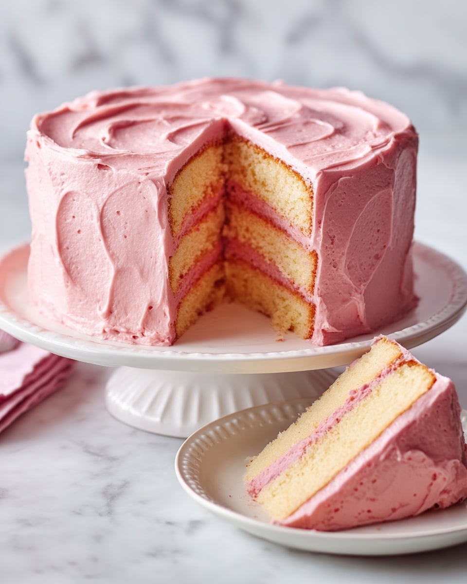 A round pink cake on a white plate with one slice taken out and placed next to it, showing two layers of moist pink cake separated by a thin layer of light pink frosting. The cake is covered in smooth light pink frosting with some swirling texture on top. The setting is on a white marbled surface, and in the background, there are small white bowls with fresh strawberries and small pink treats. Photo taken with an iphone --ar 4:5 --v 7
