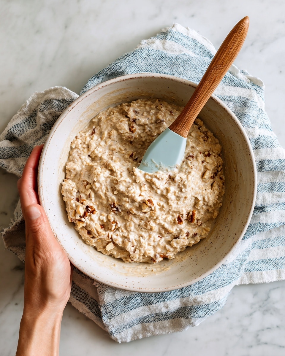A white ceramic bowl holds a thick, creamy oatmeal-like mixture with light brown and beige colors, showing many small soft chunks throughout. The mixture looks warm and slightly sticky with bits of nuts or grains visible. A woman's hand holds a wooden spatula with a light blue silicone head, stirring the soft and dense content inside the bowl. The bowl rests on a blue and white striped cloth on top of a white marbled surface. Photo taken with an iphone --ar 4:5 --v 7