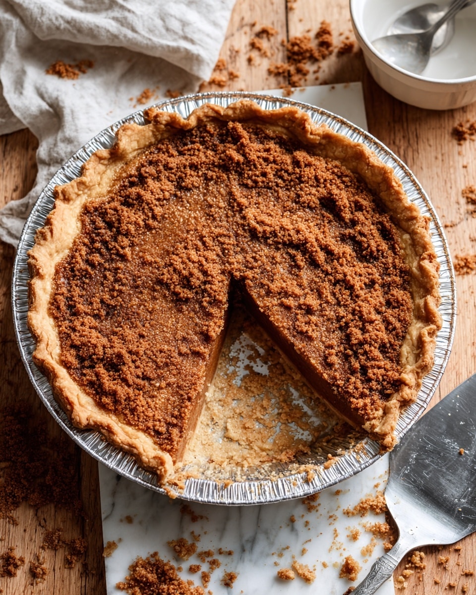 The image shows a slice of pie on a white plate placed on a white marbled surface. The slice has three layers: a golden-brown crust at the base, a thick light brown filling with a slightly chunky texture in the middle, and a crumbly golden-brown topping. On top of the pie slice is a dollop of white whipped cream with two banana slices beside it. In the background, the whole pie in a silver foil pan rests on a wooden board with a blue and white striped cloth underneath. A pie server with some crumbs on it lies next to the pie. Photo taken with an iphone --ar 4:5 --v 7