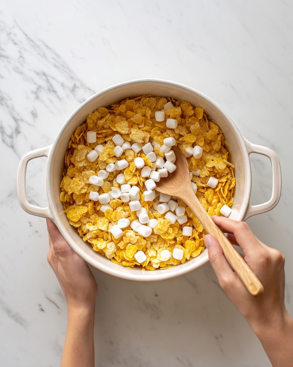 The image shows a white pot filled with a mixture of yellow cornflakes and small white marshmallows scattered on top. The pot has two handles, and it is placed on a white marbled surface. A woman's left hand holds the pot handle, while her right hand stirs the mixture inside the pot with a light brown wooden spoon. The cornflakes appear dry and crunchy, and the marshmallows add a soft, smooth texture contrast. Photo taken with an iphone --ar 4:5 --v 7