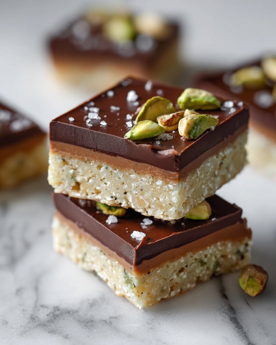 The image shows a batch of square chocolate bars laid out on a white marbled surface covered with parchment paper. Each bar has two visible layers: a smooth, shiny dark brown chocolate base topped with roughly chopped green pistachios that add a textured, crunchy look. The squares are evenly cut and arranged in neat rows, with a few pieces slightly separated. A wooden bowl with coarse salt and a white-handled knife with a green grip rest on the side near a red cloth. Photo taken with an iphone --ar 4:5 --v 7