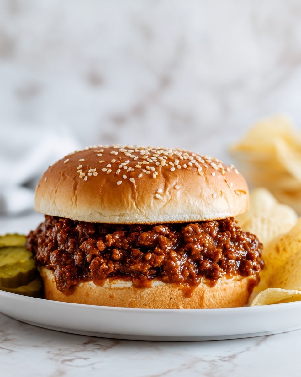 A close-up of a sandwich on a white plate, featuring a soft sesame seed bun with a thick layer of dark brown ground meat in a rich, glossy sauce spilling slightly over the sides. On the side of the plate, there are slices of green pickles and some light yellow potato chips. The background shows a white marbled surface with blurry kitchen items in soft focus. photo taken with an iphone --ar 4:5 --v 7