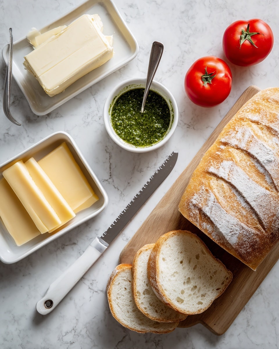 The image shows ingredients for making a sandwich arranged on a white marbled surface. On the left side, there is a block of butter on a small white dish with a butter knife resting on the edge. Next to it is a small white bowl filled with green pesto sauce and a spoon inside. Below that, there is a white tray with several slices of pale yellow cheese neatly stacked. Two red Roma tomatoes are placed near the cheese. On the right side, there is a wooden cutting board with a round loaf of bread that has a light brown crust with white flour patterns on top. Two thick slices of the bread lie in front of the loaf, and a serrated knife with a white handle is placed diagonally on the cutting board. The whole scene is clean and bright. photo taken with an iphone --ar 4:5 --v 7