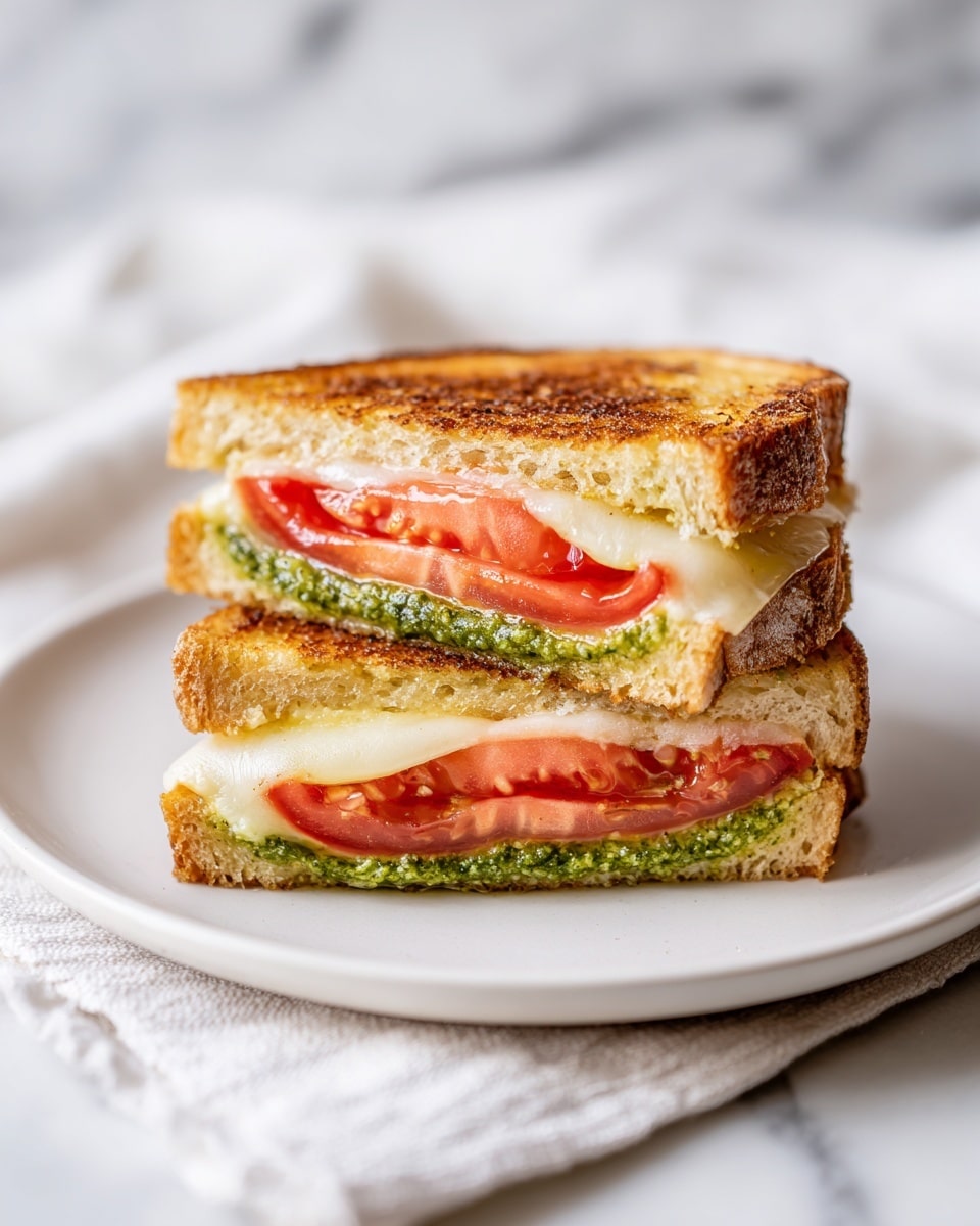 The image shows a grilled sandwich cut into two triangular halves stacked on top of each other on a white plate. The sandwich has three main layers inside: the top layer includes two slices of bright red tomato, the middle layer contains melted light yellow cheese, and the bottom layer has a spread of vibrant green pesto sauce that slightly squeezes out from between the slices of toasted golden-brown bread. The plate sits on a white marbled surface with a white cloth napkin nearby. Photo taken with an iphone --ar 4:5 --v 7