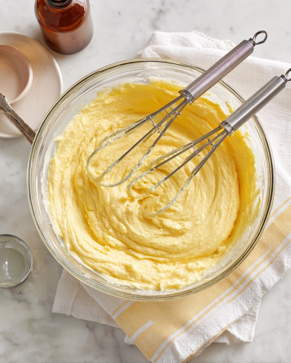 A clear glass bowl filled with one thick, creamy layer of yellow batter with a smooth and fluffy texture. Two metal beaters from a hand mixer rest inside the bowl, coated partly with the batter. The bowl is placed on a folded white cloth with light yellow stripes, on a white marbled surface. Nearby are a small brown bottle, a metal measuring spoon, and a small clear dish, creating a simple, clean kitchen scene. Photo taken with an iphone --ar 4:5 --v 7