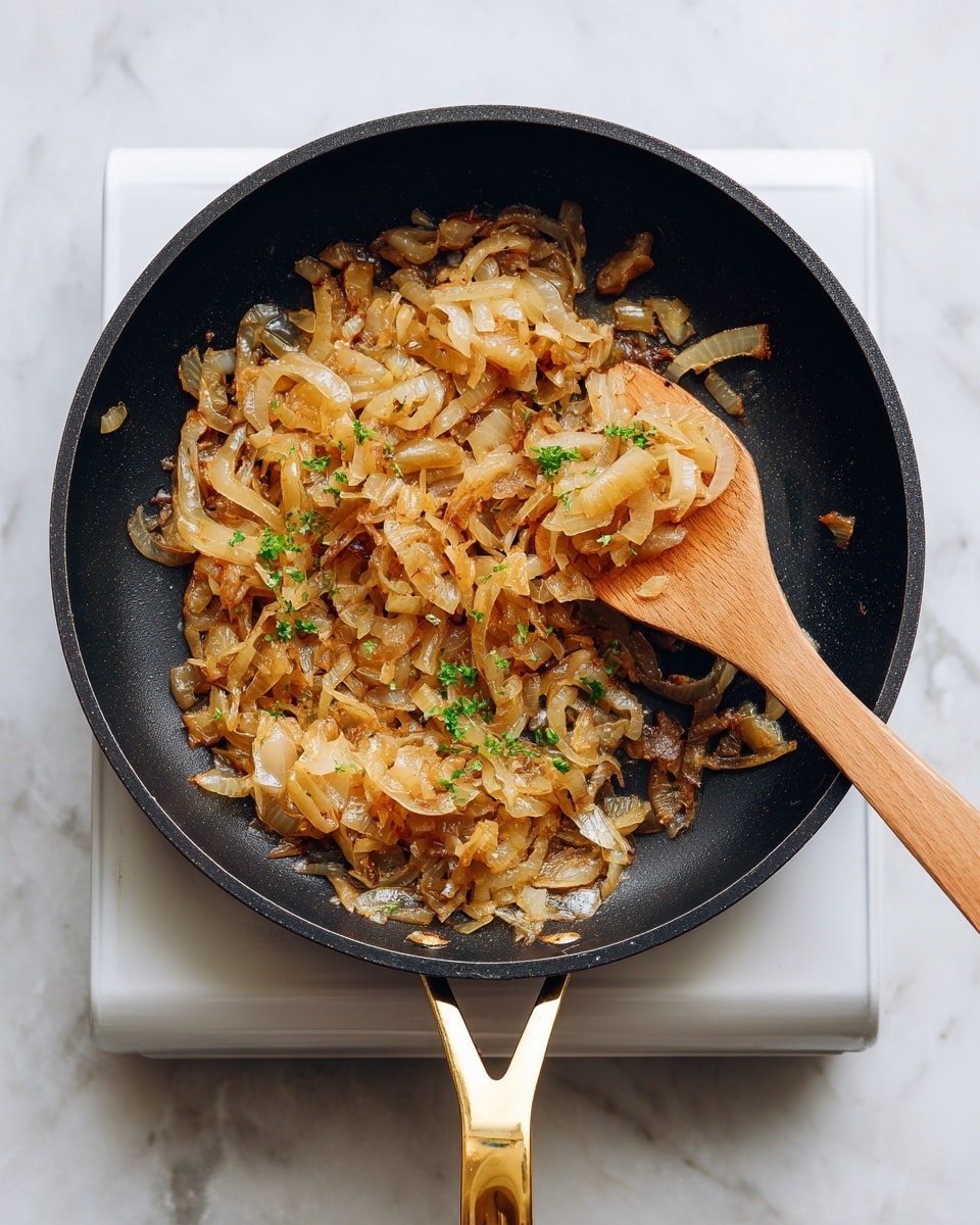 The image shows a black frying pan with a gold handle placed on a white induction cooktop, which is on a white marbled surface. Inside the pan, there are soft caramelized onions with a brownish golden color, some pieces slightly darker, scattered unevenly in the pan. A wooden spatula rests inside the pan, partly on the onions, its color a natural light brown wood tone with visible grain. Small green herb flakes are sprinkled on top of the onions, adding a touch of color contrast. The scene is simple and clean with natural lighting. photo taken with an iphone --ar 4:5 --v 7