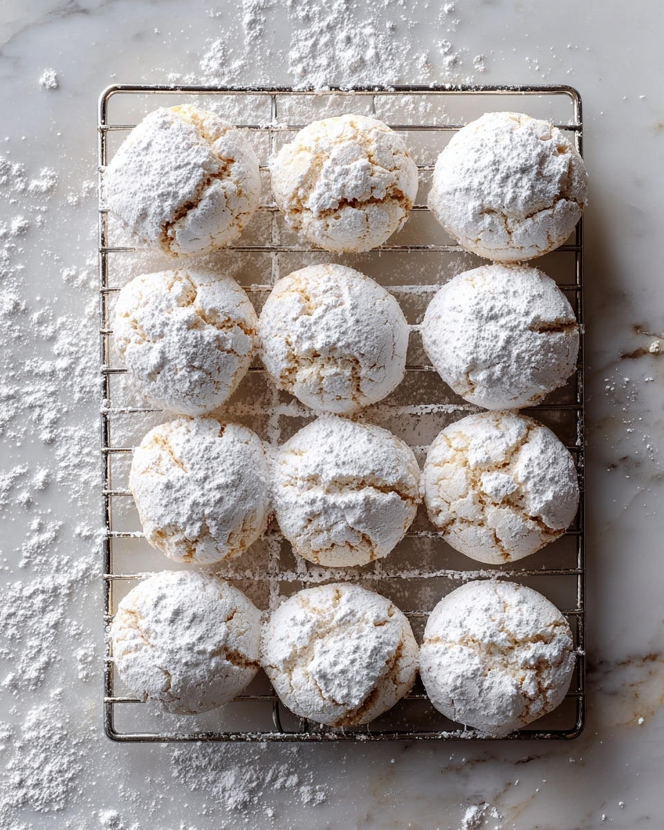 Twelve round cookies covered in white powdered sugar are cooling on a metal rack. The cookies have a soft, slightly cracked texture beneath the sugar dusting. The rack sits on a white marbled surface with some scattered powdered sugar around it. The lighting is natural and soft, showing the delicate details of the cookies and their coating. photo taken with an iphone --ar 4:5 --v 7