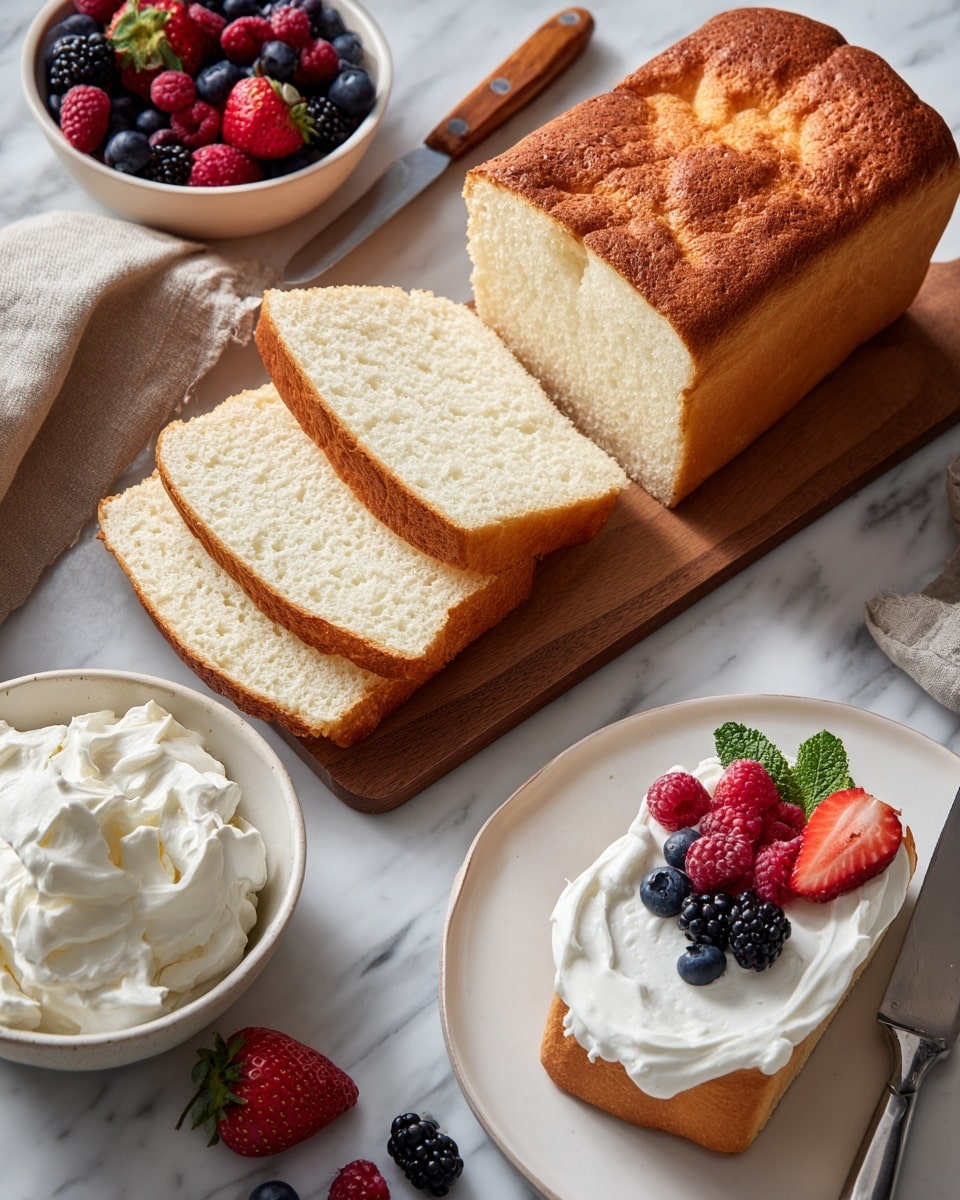 A toasted rectangular loaf with a golden brown crust on top and light, soft white inside is placed on a wooden board. Several thick slices are laid next to the loaf, showing the fluffy texture. On the right, a white plate holds one slice topped with a smooth white cream layer and decorated with fresh berries, including a strawberry half, blackberry, raspberry, and blueberry. Below the plate, a bowl filled with whipped cream sits on a white marbled surface. Part of a white bowl with more mixed berries is visible at the top left corner, and a knife with a wooden handle rests beside the loaf. Photo taken with an iphone --ar 4:5 --v 7