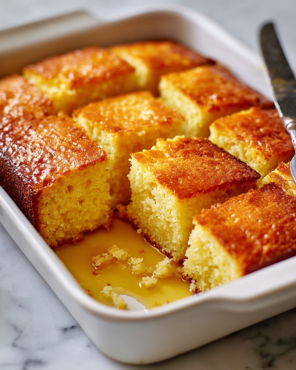 The image shows a white rectangular baking dish with a golden brown cake inside. The cake is cut into square pieces, with one piece slightly pulled out from the others, showing a soft, moist, and slightly crumbly texture inside. The top layer of the cake is a darker golden brown with a slightly rough surface, while the inside is a light yellow color. There is some syrup or sauce around the cake pieces at the bottom of the dish, giving a shiny, sticky look. The dish is placed on a white marbled surface and a knife with a black handle is visible on the right side. Photo taken with an iphone --ar 4:5 --v 7