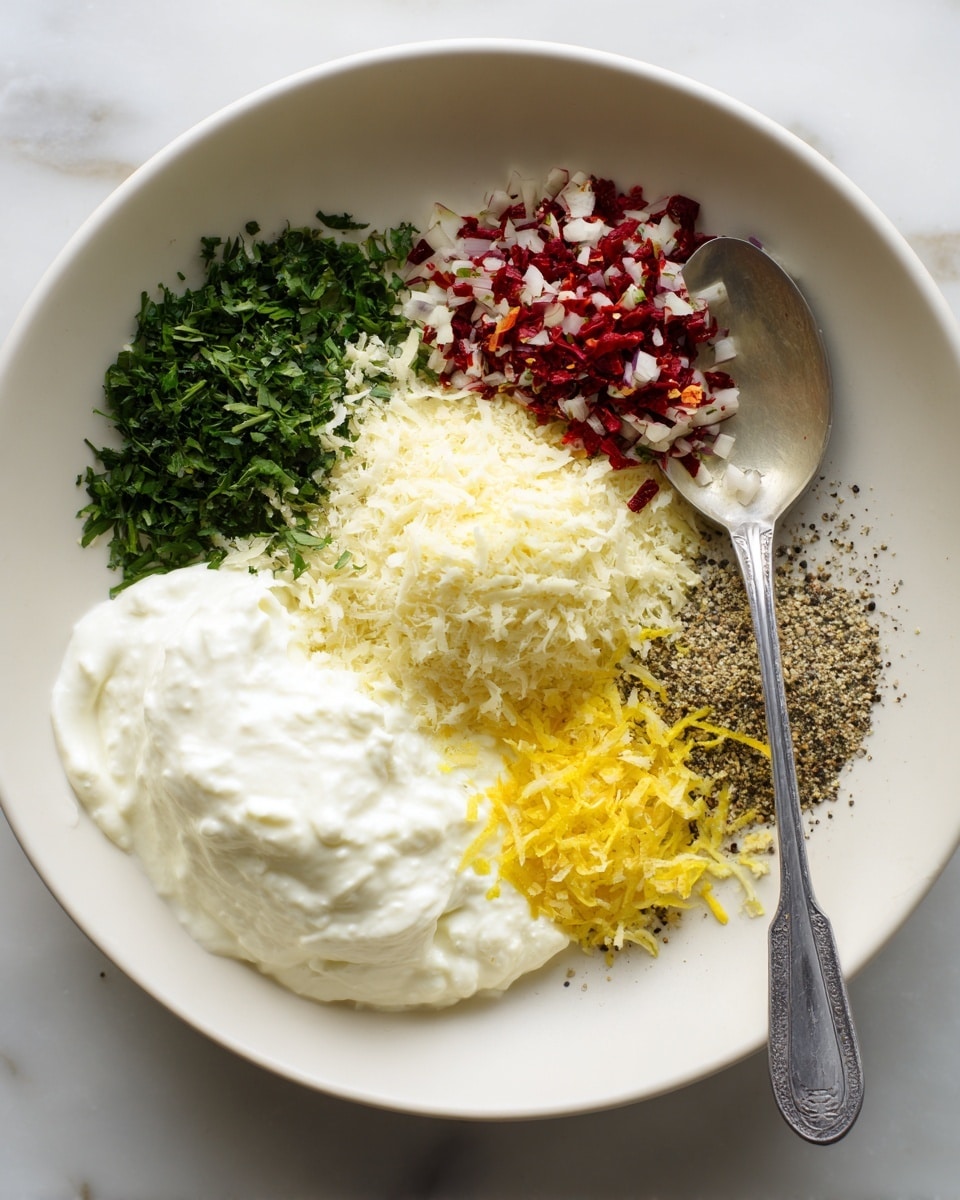 Inside a white bowl, several ingredients are arranged in distinct piles around a gray spoon. There is a large scoop of white creamy yogurt-like texture at the bottom center, a mound of finely grated pale yellow cheese to the left, finely chopped green herbs on both the top left and top right, bright yellow lemon zest near the center right, and a heap of small red and white shredded pieces in the top center. A mix of black and white ground pepper is located near the right edge beside the lemon zest. The bowl is placed on a white marbled surface photo taken with an iphone --ar 4:5 --v 7